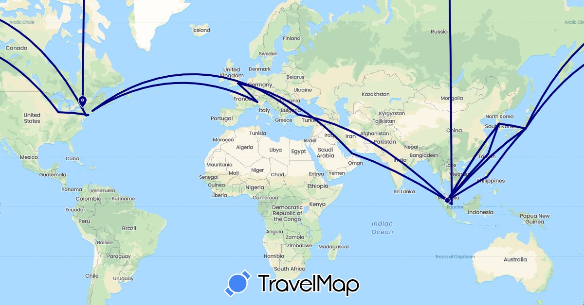 TravelMap itinerary: driving in United Arab Emirates, United Kingdom, Italy, Japan, South Korea, Malaysia, Philippines, Singapore, Turkey, Taiwan, United States (Asia, Europe, North America)